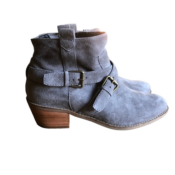 Cole Haan Jensynn Grey Suede Wrapped Buckle Booties Chunky Heel 7 - Picture 2 of 11